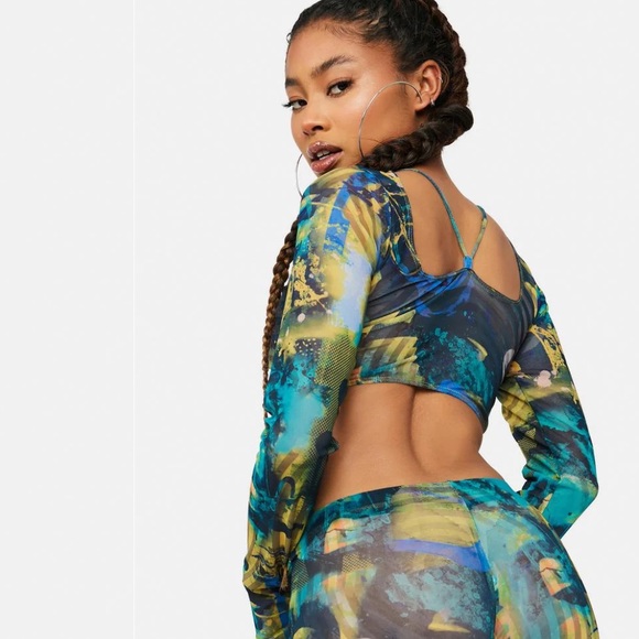 Jaded London Long Sleeve Mesh Abstract Crop Top - Picture 3 of 6